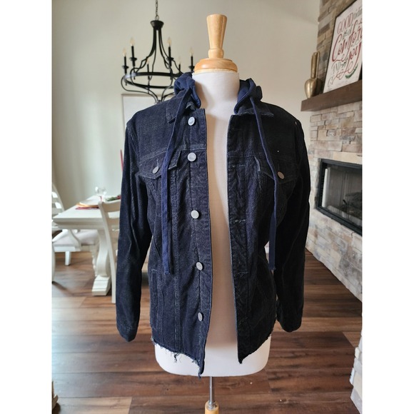 DEAR JOHN Anthropology Womens Corduroy Plaid‎ Jacket Blue Green Hooded Size S - Picture 2 of 9